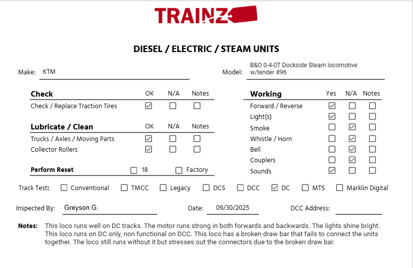 KTM O Scale 2-Rail B&O 0-4-0T Dockside Steam locomotive w/tender #96 - Painted EX/Box