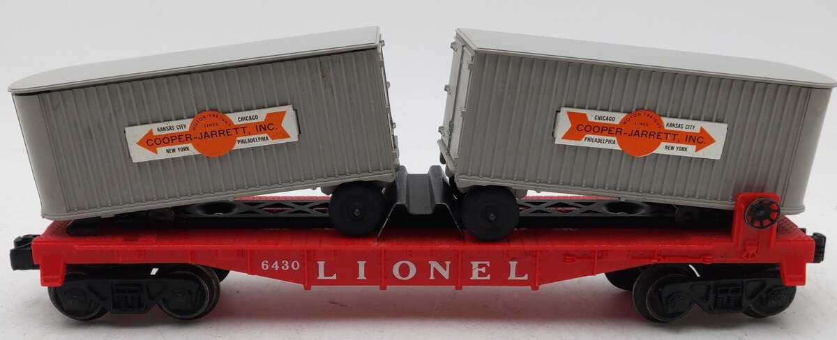 Lionel 6430 Vintage O Flatcar with 2 Gray Cooper Jarrett Trailer Vans VG/Box