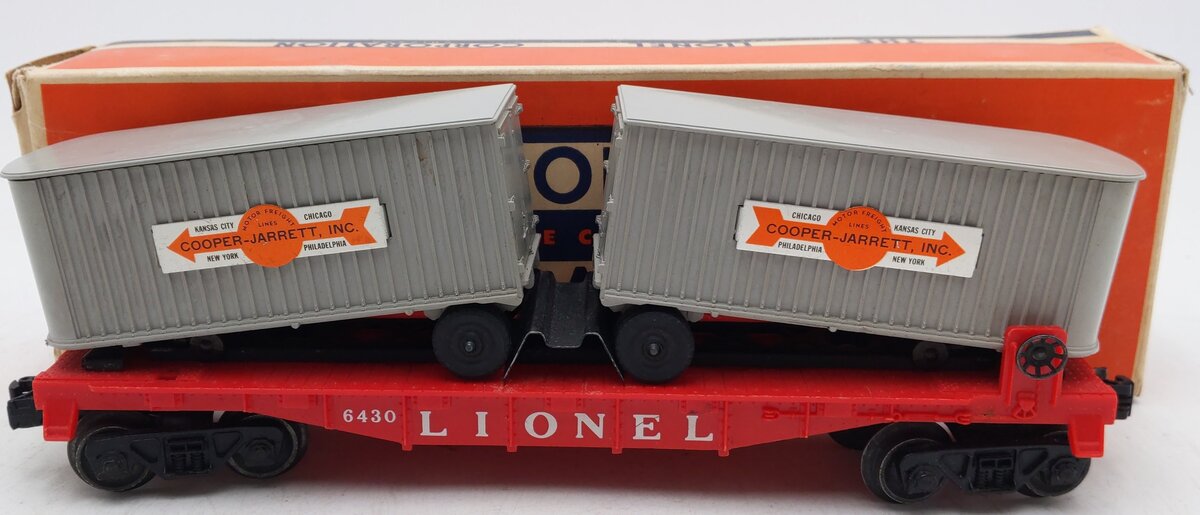 Lionel 6430 Vintage O Flatcar with 2 Gray Cooper Jarrett Trailer Vans VG/Box