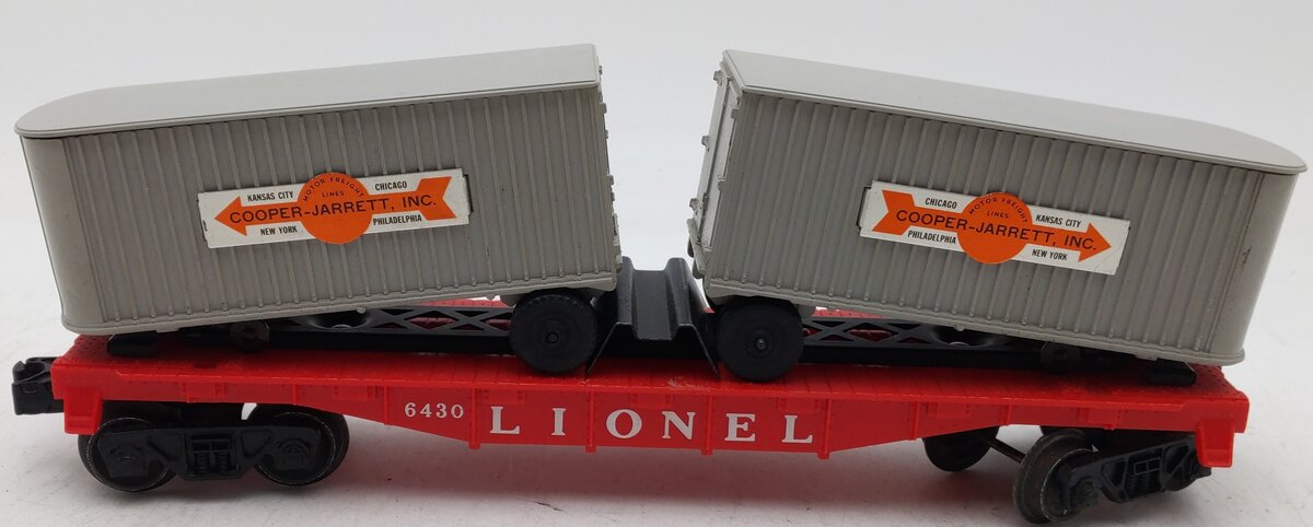 Lionel 6430 Vintage O Flatcar with 2 Gray Cooper Jarrett Trailer Vans VG/Box