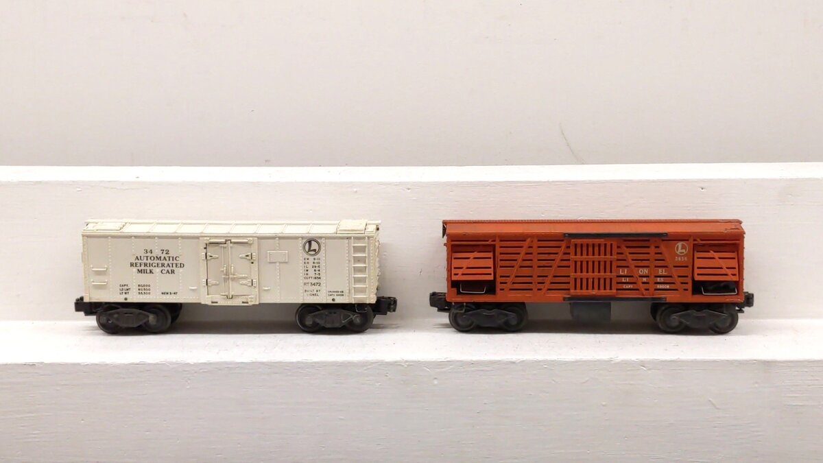 Lionel Vintage O Gauge Postwar Operating Milk Car & Cattle Car: 3472 & 3656 [2] VG