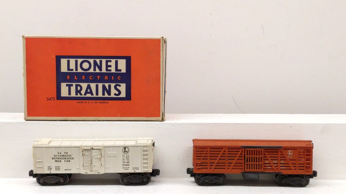 Lionel Vintage O Gauge Postwar Operating Milk Car & Cattle Car: 3472 & 3656 [2] VG