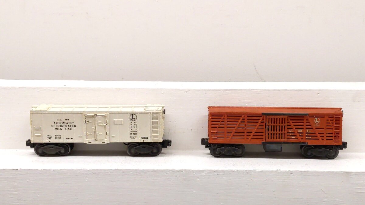 Lionel Vintage O Gauge Postwar Operating Milk Car & Cattle Car: 3472 & 3656 [2] VG