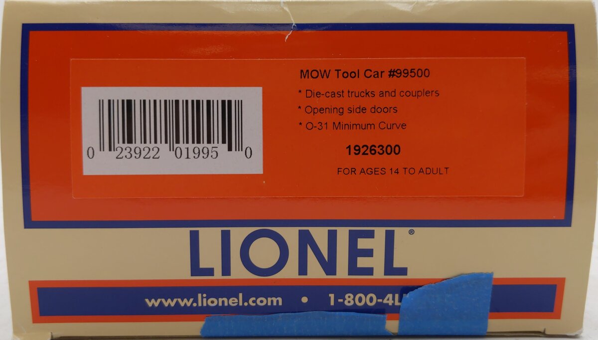 Lionel 1926300 O Maintenance of Way Tool Car #99500