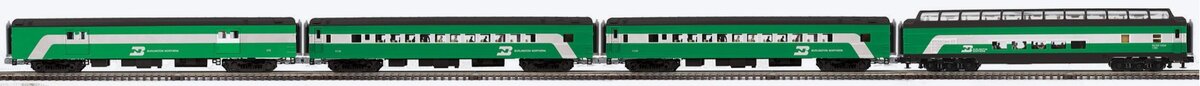 Atlas 3001477 O Gauge Burlington Northern 70' Streamline 4 Car Passenger Set NIB