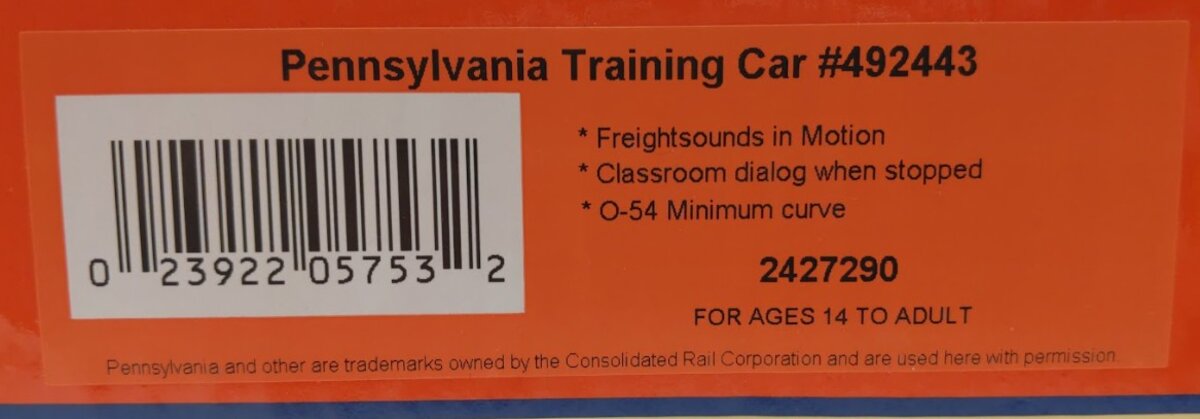 Lionel 2427290 O Gauge Pennsylvania Railroad 18" Training Car #492443 EX/Box