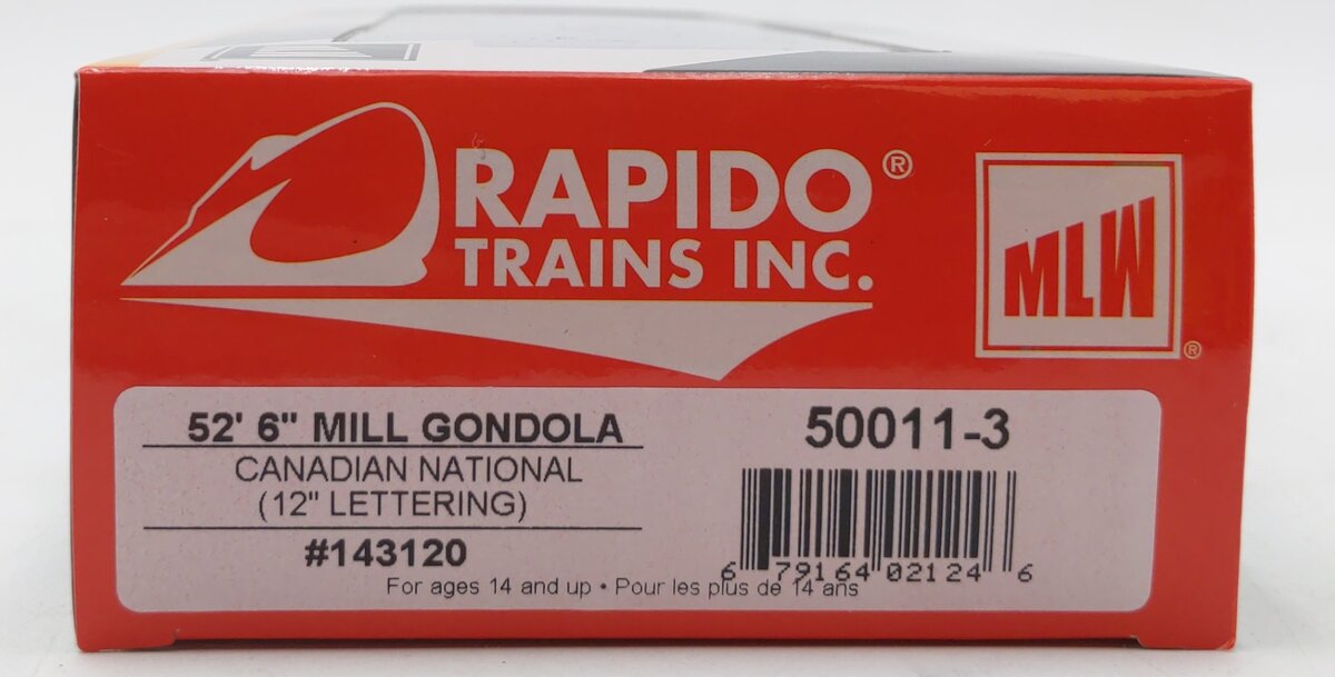 Rapido Trains 50011-3 HO Scale Canadian National 52'6" Mill Gondola #143120 NIB