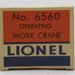 Lionel 6560 Vintage O Lionel Lines Bucyrus Erie Crane Car w/Gray Cab VG