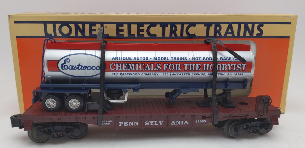 Lionel 6-52083 O Gauge Pennsylvania Flatcar w/ Eastwood Chemicals Tanker EX/Box
