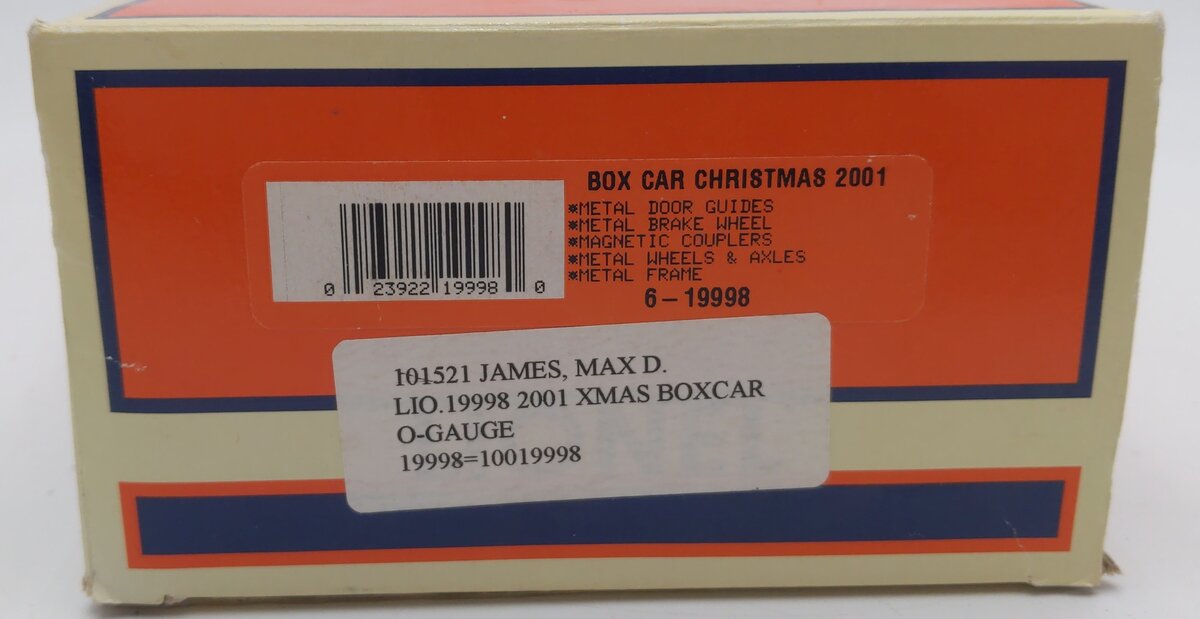 Lionel 6-19998 O Gauge 2001 Christmas Boxcar LN/Box