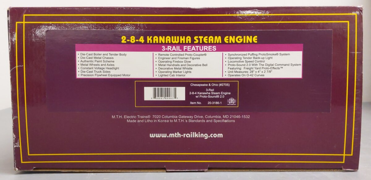 MTH 20-3186-1 C&O 2-8-4 Kanawha Steam Locomotive & Tender #2705 with PS-2 LN/Box