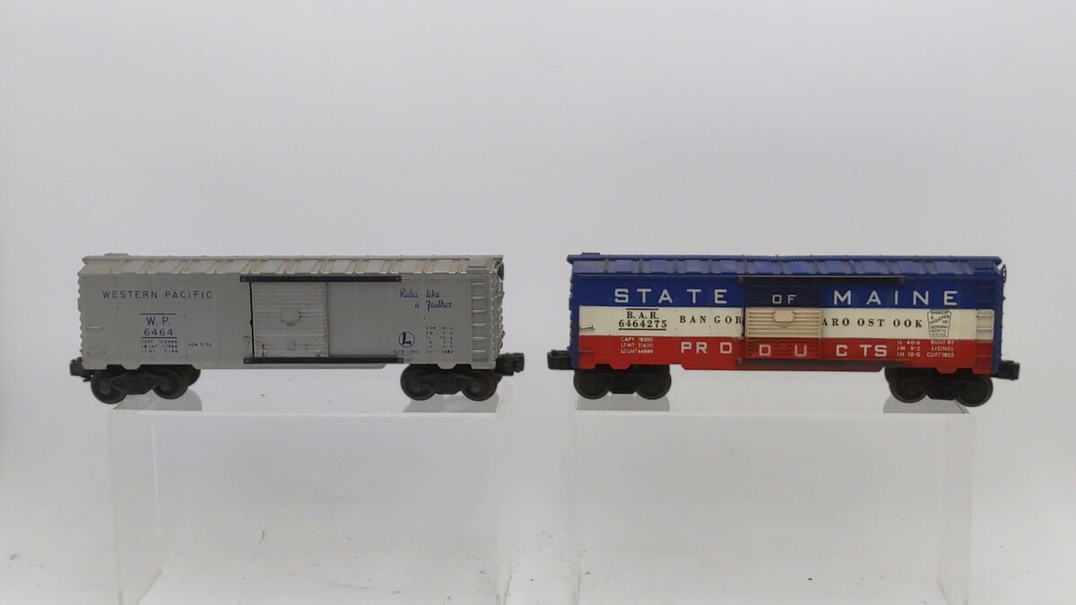 Lionel Vintage O Gauge Postwar Western Pacific & State of Maine Boxcars [2] VG