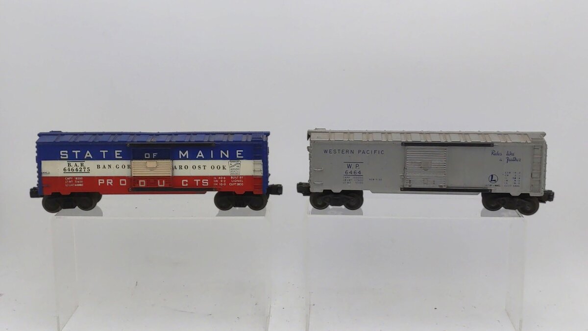 Lionel Vintage O Gauge Postwar Western Pacific & State of Maine Boxcars [2] VG