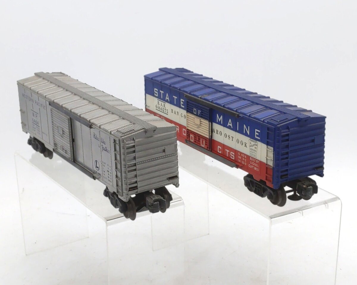 Lionel Vintage O Gauge Postwar Western Pacific & State of Maine Boxcars [2] VG