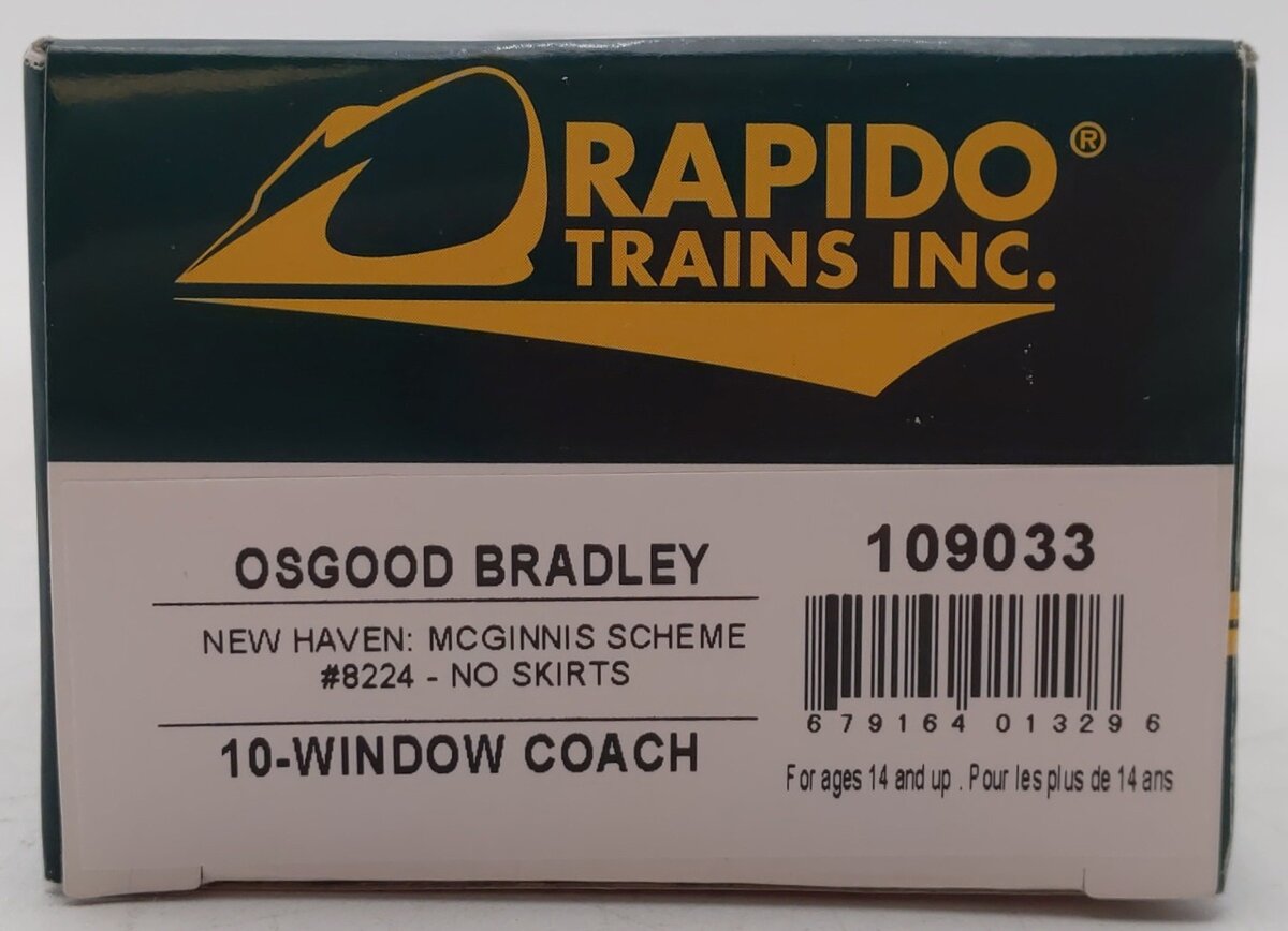 Rapido 109033 HO Scale New Haven Osgood Bradley 10-Window Coach #8224 LN/Box