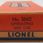 Lionel 3662 Vintage O Brn & Wht Large Operating Milk Car Bar-End Trks w/Platform VG/Box