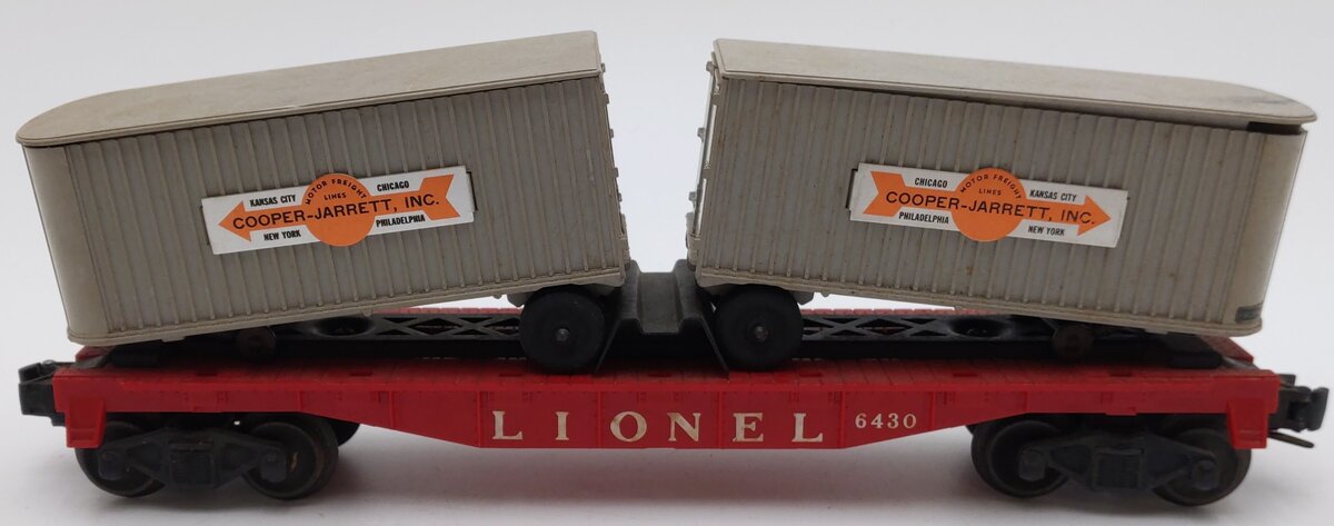 Lionel 6430 Vintage O Flatcar with 2 Gray Cooper Jarrett Trailer Vans VG