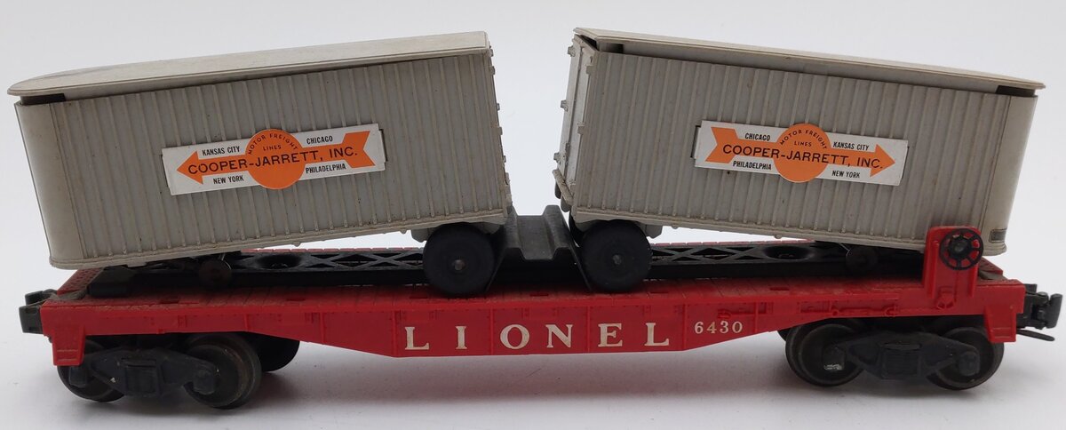 Lionel 6430 Vintage O Flatcar with 2 Gray Cooper Jarrett Trailer Vans VG