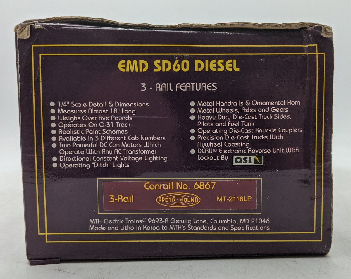 MTH 20-2118-1 O Conrail SD60 Diesel Engine w/PS1 #6867 VG/Box
