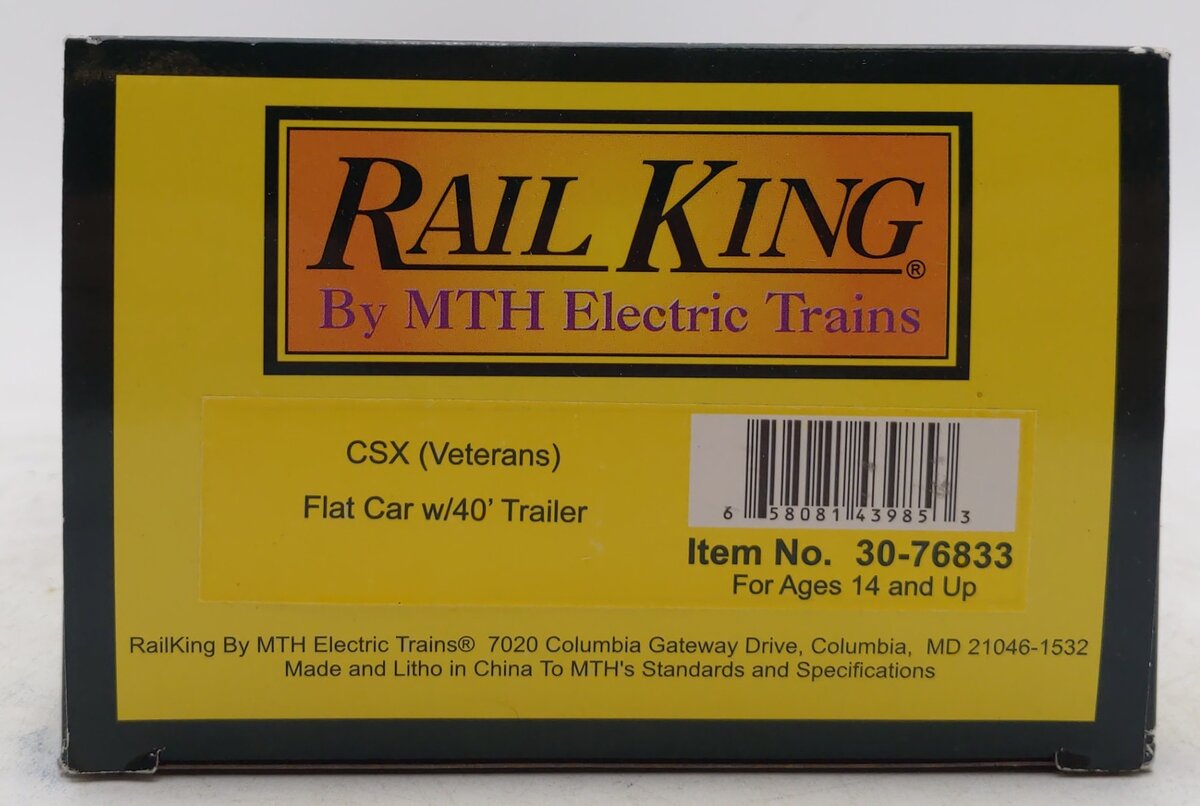 MTH 30-76833 O CSX Veterans RailKing Flat Car w/40' Trailer #1776