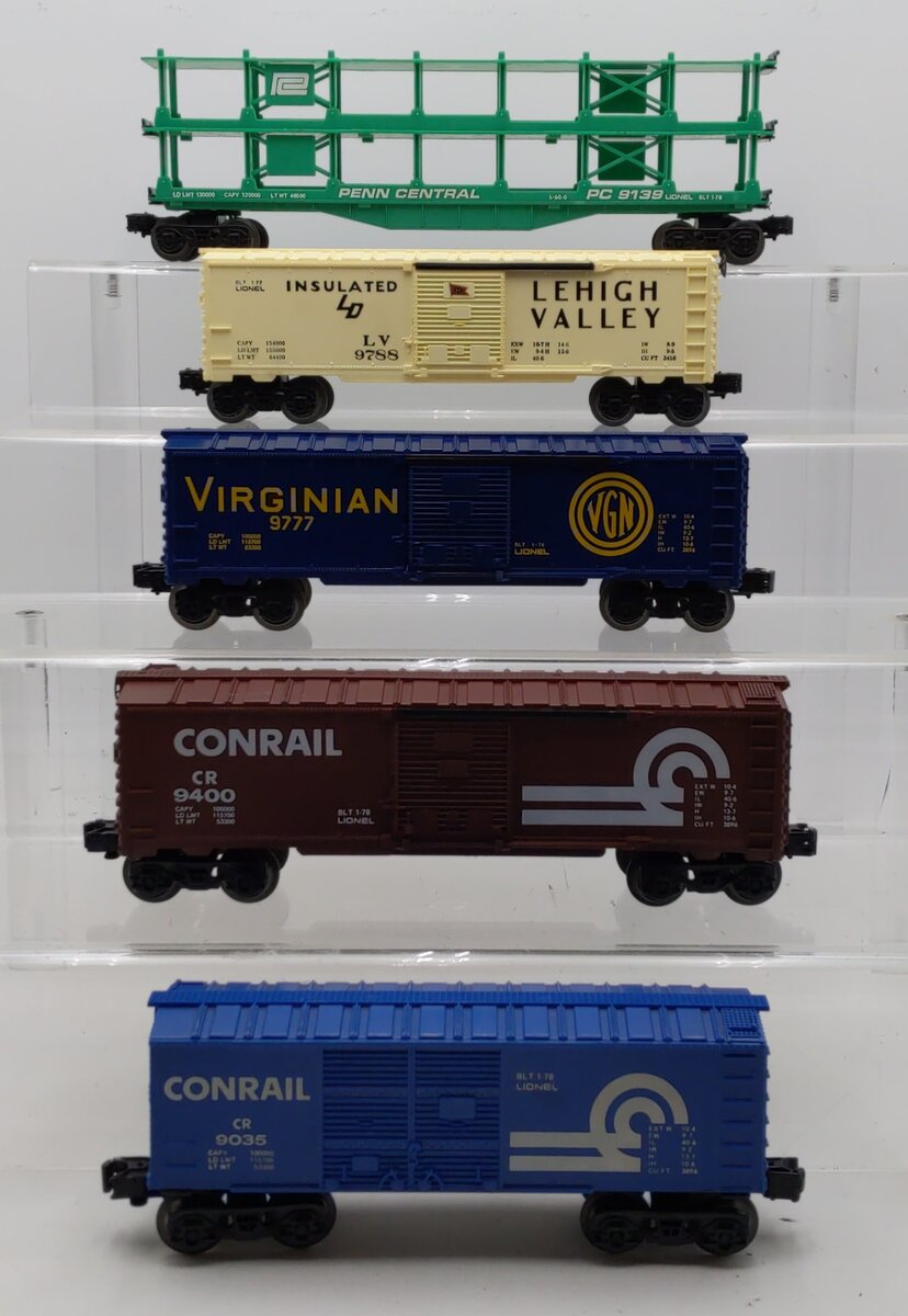 Assorted Lionel O PC,CR,VGN,& LV Freight Cars: 9035, 9139, 9400, 9777,& 9788 [5] EX