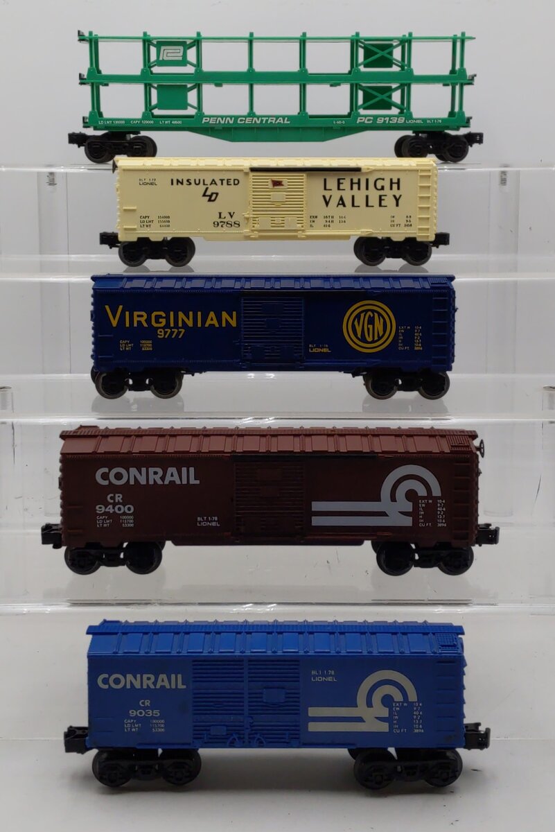 Assorted Lionel O PC,CR,VGN,& LV Freight Cars: 9035, 9139, 9400, 9777,& 9788 [5] EX