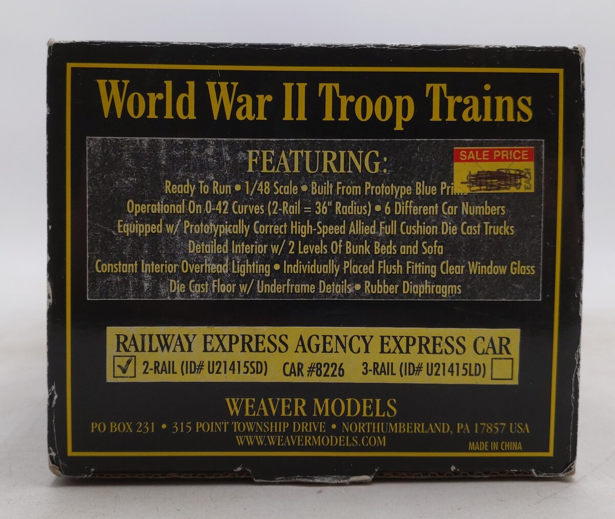 Weaver O Gauge U21415SD World War II Troop Trains 2-Rail Car# 8226 EX/Box