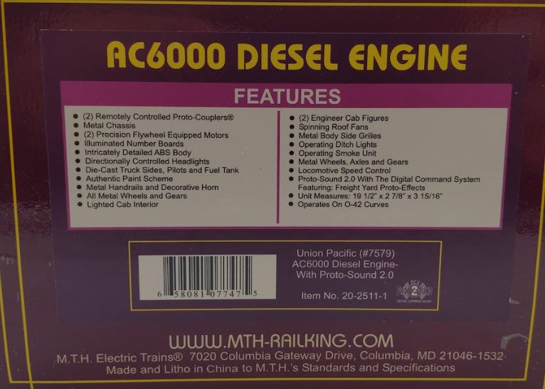 MTH 20-2511-1 O Gauge Union Pacific AC6000 Diesel Engine #7579 w Proto-Sound 2 LN/Box