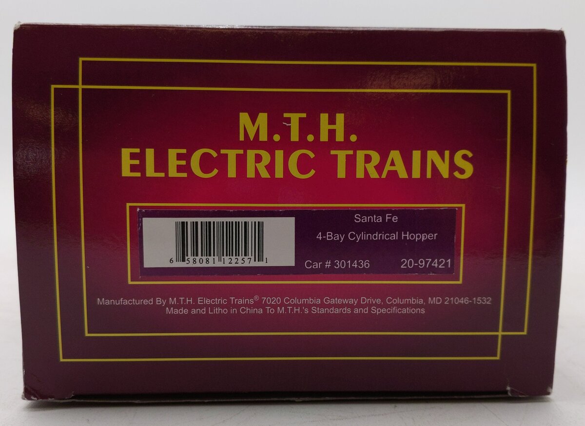 MTH 20-97421 O Gauge Santa Fe 4-Bay Cylindrical Hopper Car #301436 EX/Box