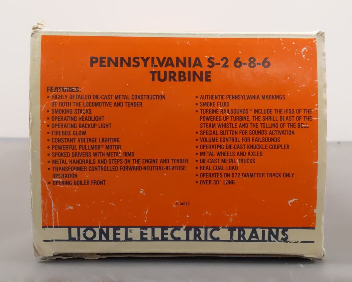 Lionel 6-18010 O PRR 6-8-6 Turbine Steam Locomotive & Tender with RS #6200 VG/Box