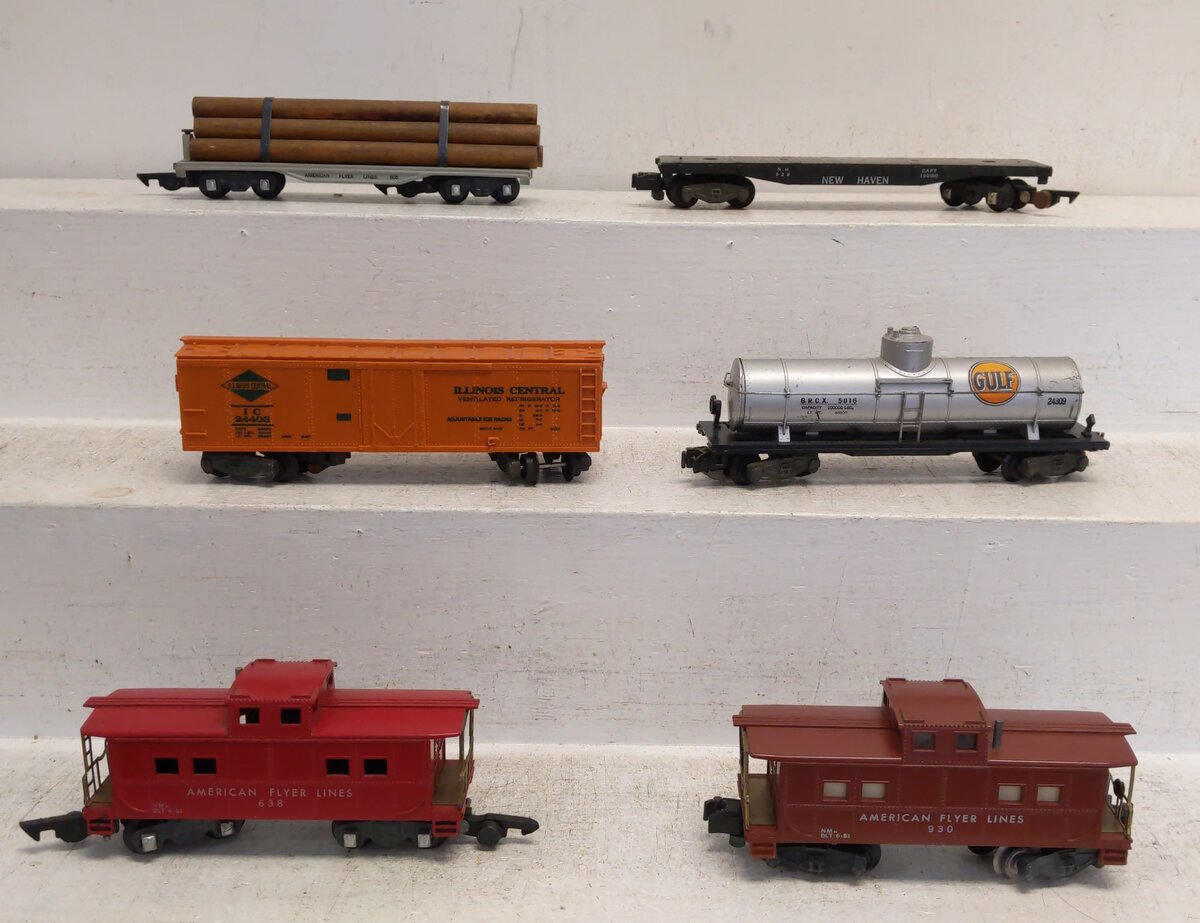 American Flyer Vintage S Gauge Freight Cars:638, 24309, 930, 605, 24403, 928 [6] VG