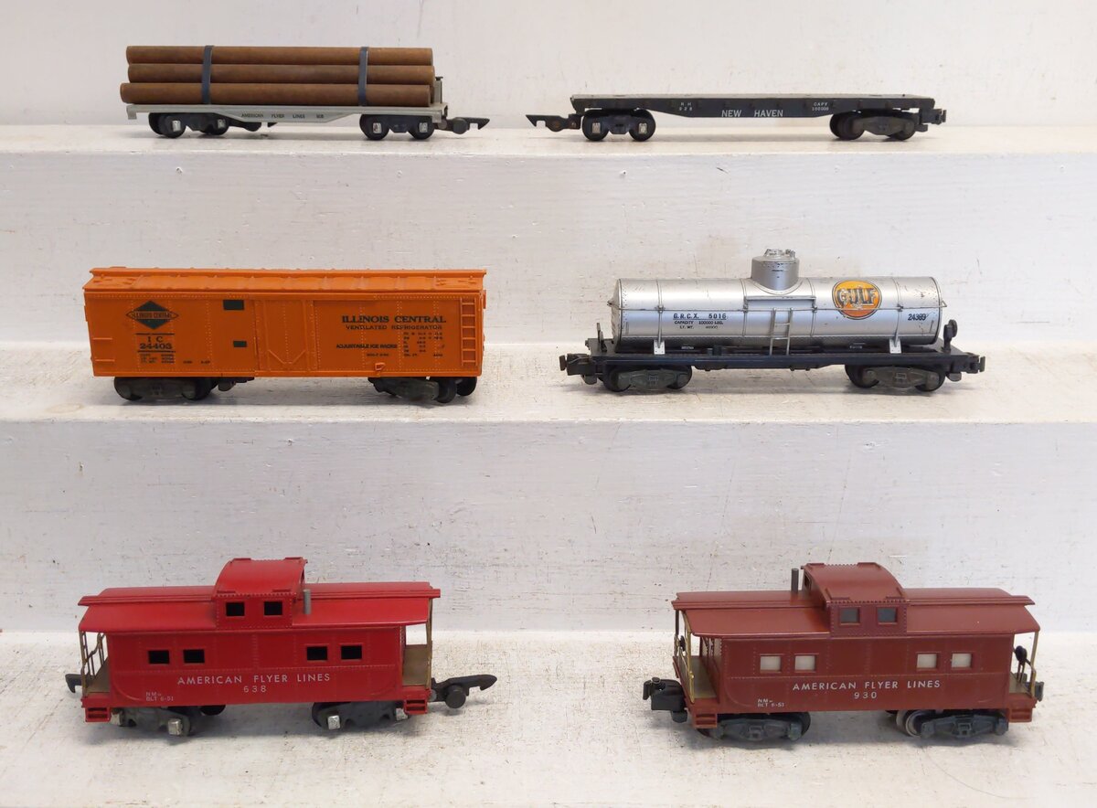 American Flyer Vintage S Gauge Freight Cars:638, 24309, 930, 605, 24403, 928 [6] VG
