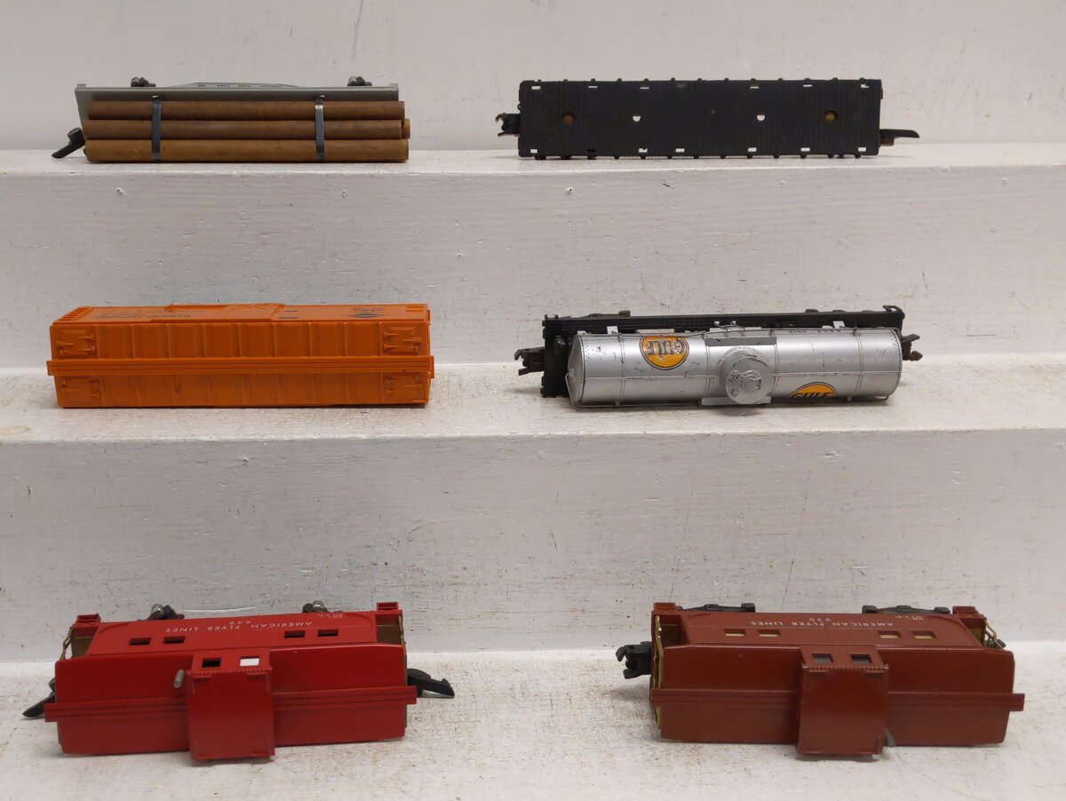 American Flyer Vintage S Gauge Freight Cars:638, 24309, 930, 605, 24403, 928 [6] VG
