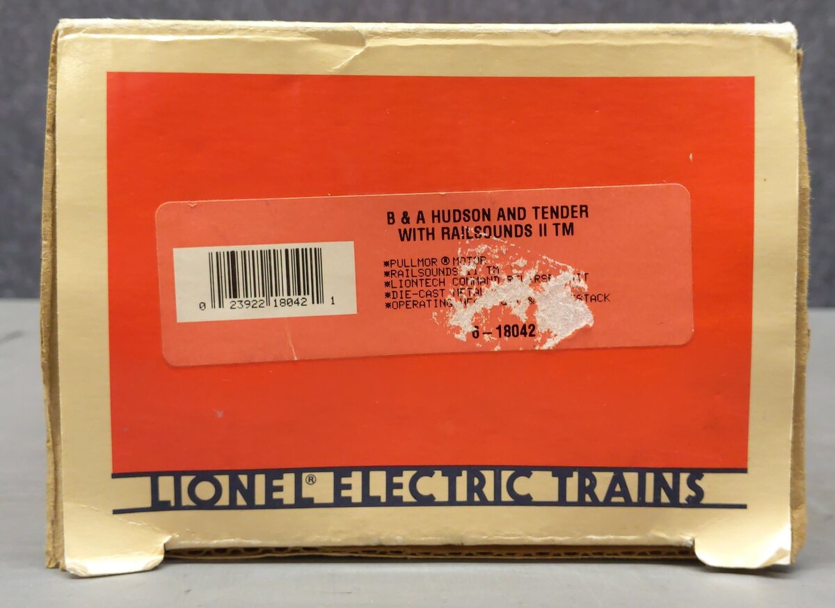 Lionel 6-18042 O Gauge B&A Hudson 4-6-4 Steam Locomotive & Tender #618 w/RS II EX/Box