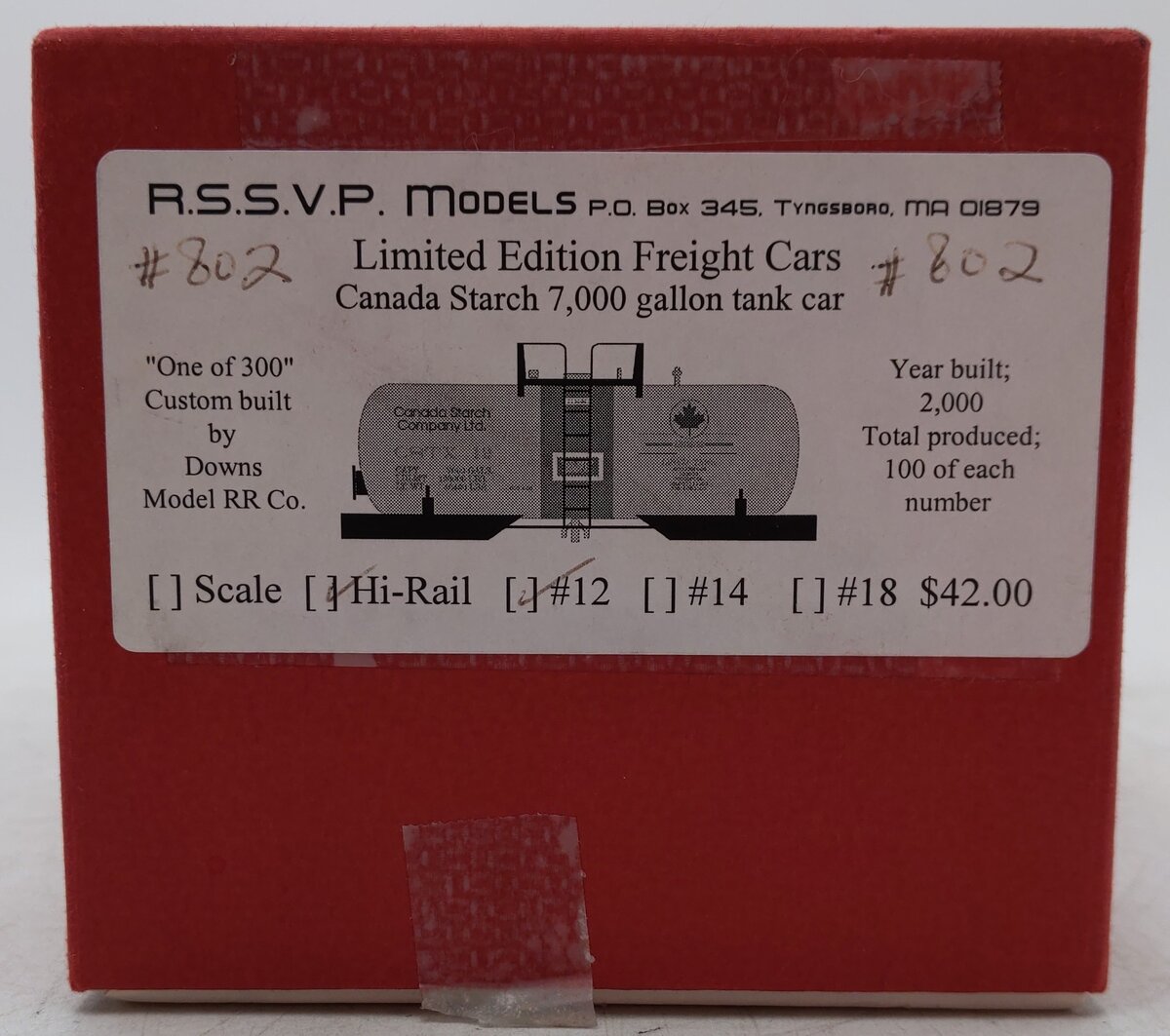 Downs Model RR S Gauge Canada Starch Limited Edition Tank Car #12/Box