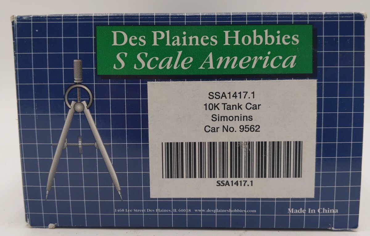 Des Plaines Hobbies SAA1417.3 S Scale Simonins (SHPX) 10K Tank Car #9562 EX/Box