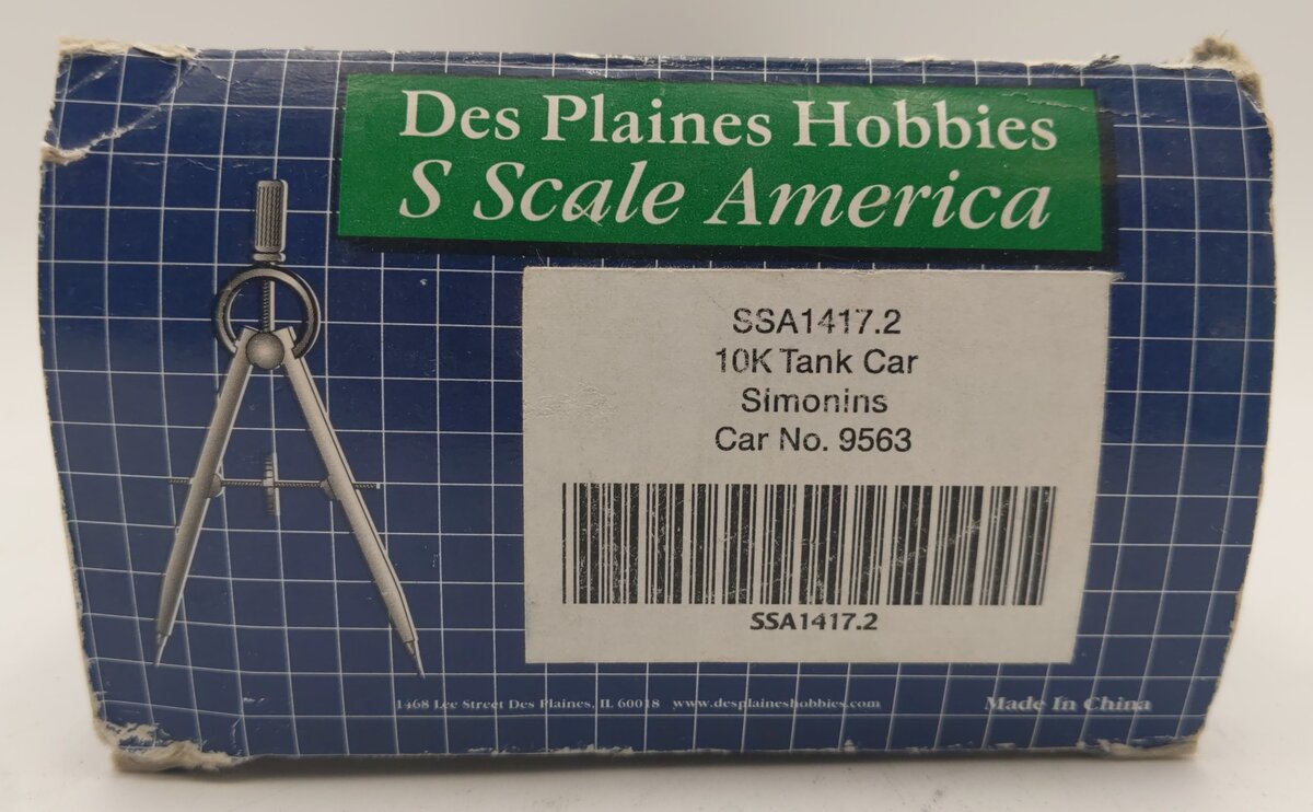 Des Plaines Hobbies SSA1417.2 S Scale Simonins (SHPX) 10k Gallon Tank Car #9563 VG/Box