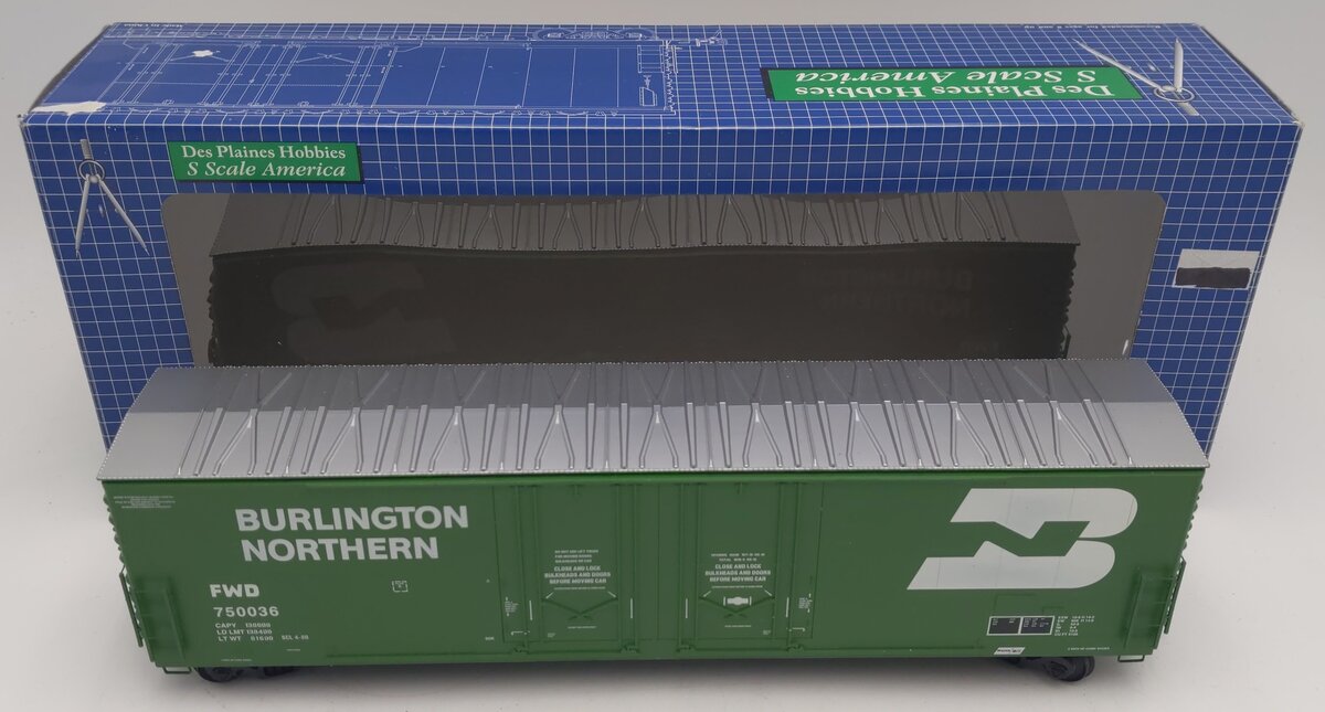 Des Plaines Hobbies SSA1804.3 S Scale Burlington Northern Evans Boxcar #750036 LN/Box