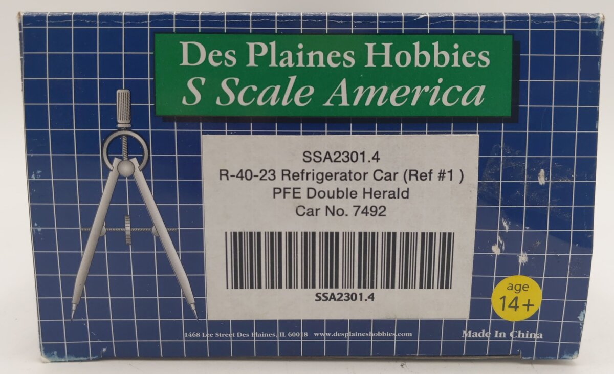 Des Plaines Hobbies SSA2301.4 S Gauge PFE R-40-23 Double Herald Reefer Car #7492 LN/Box