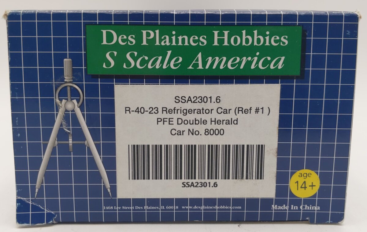 Des Plaines Hobbies SSA2301.6 S Gauge PFE R-40-23 Double Herald Reefer Car #8000 EX/Box