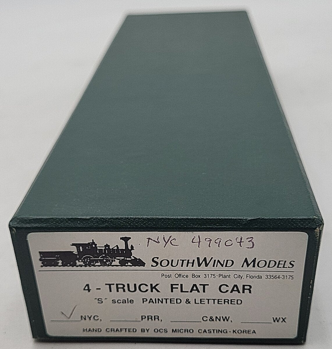 South Wind Models S Scale Diecast NYC Flat Car #499043 LN/Box