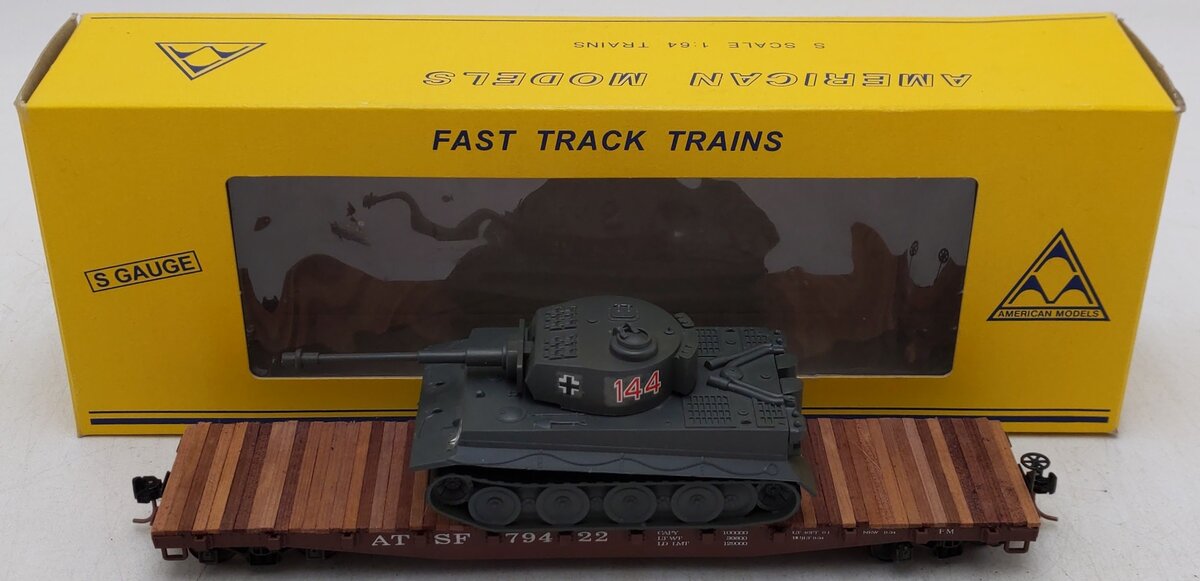 American Models 6018-TK S Gauge Santa Fe 46' Flatcar w/ Army Tank EX/Box