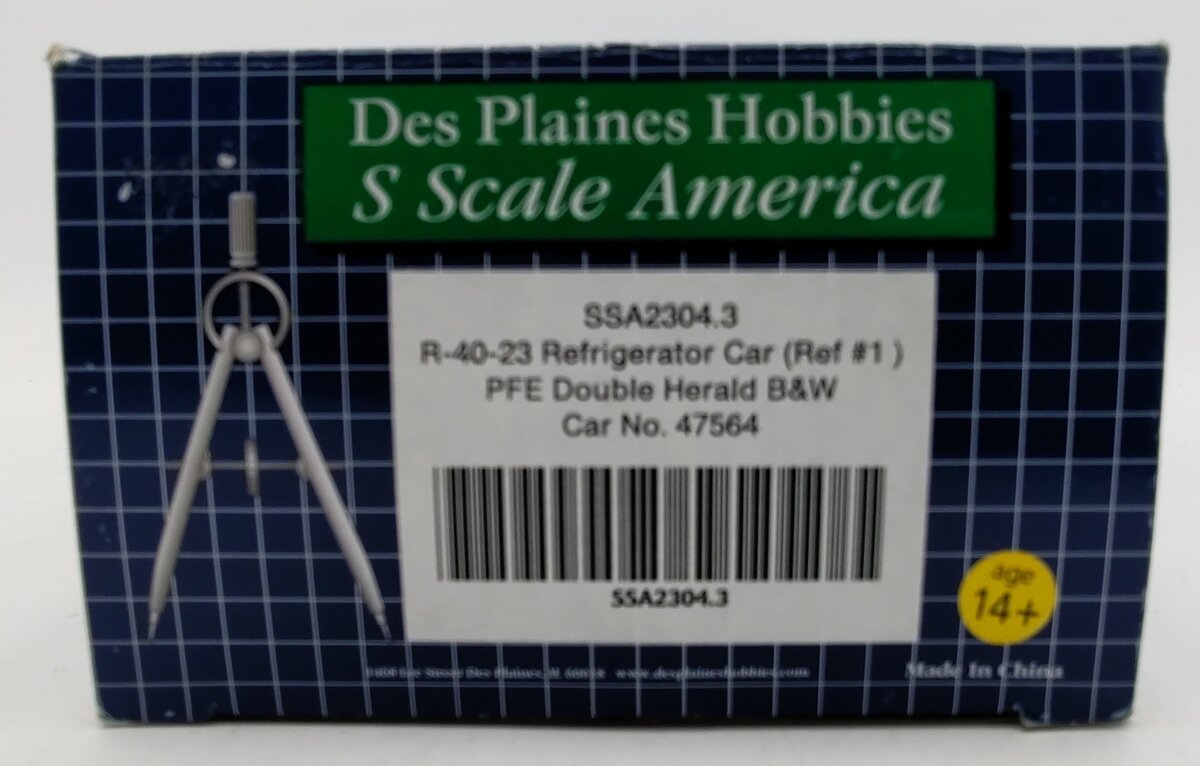 Des Plaines Hobbies SSA2304.3 S Gauge PFE Double Herald B&W Reefer Car #47564 EX/Box