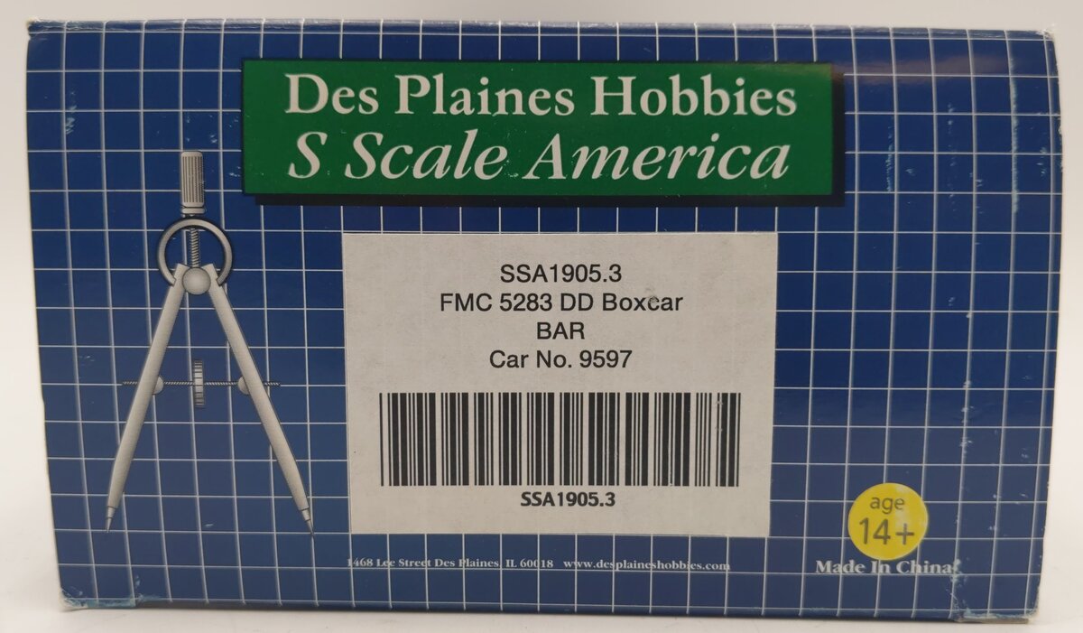 Des Plaines Hobbies  SSA1905.3 S Scale BAR FMC 5283 DD Boxcar #9597 LN/Box