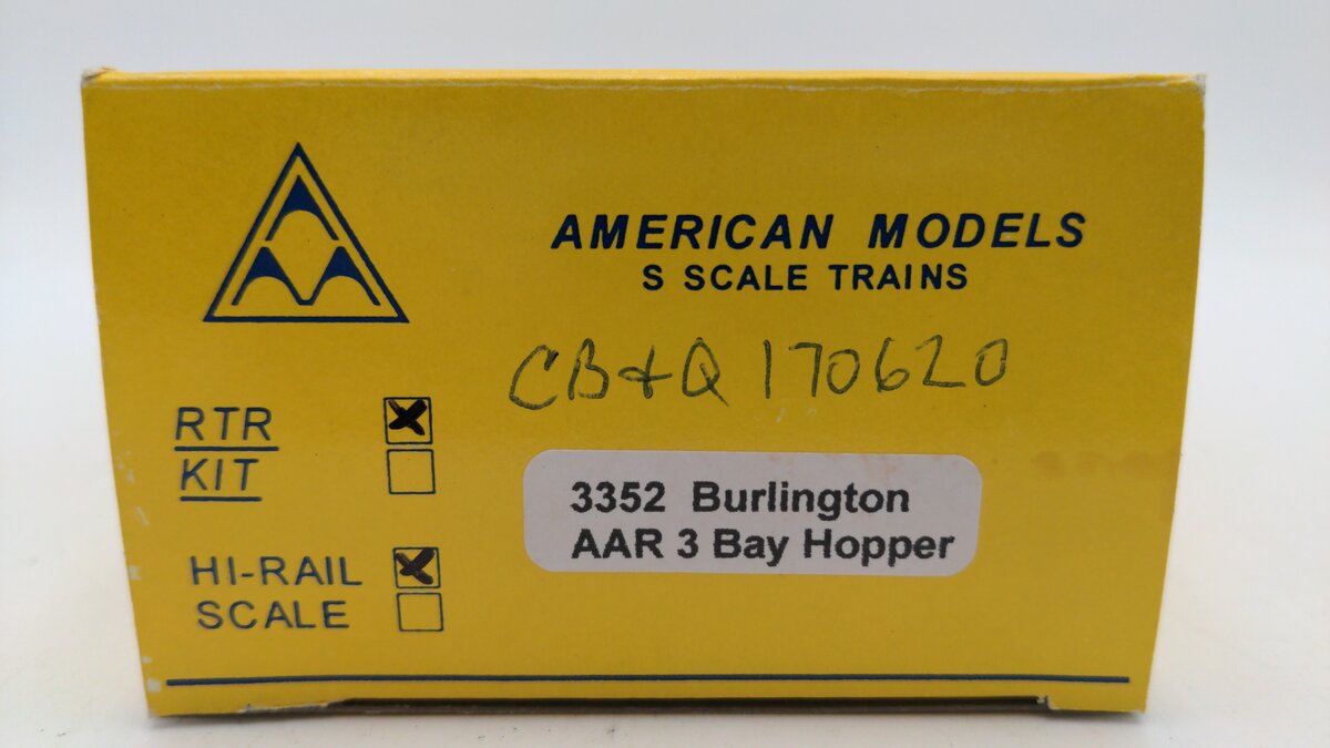 American Models 3352 S Gauge Burlington AAR 3-Bay Hopper #170620 EX/Box