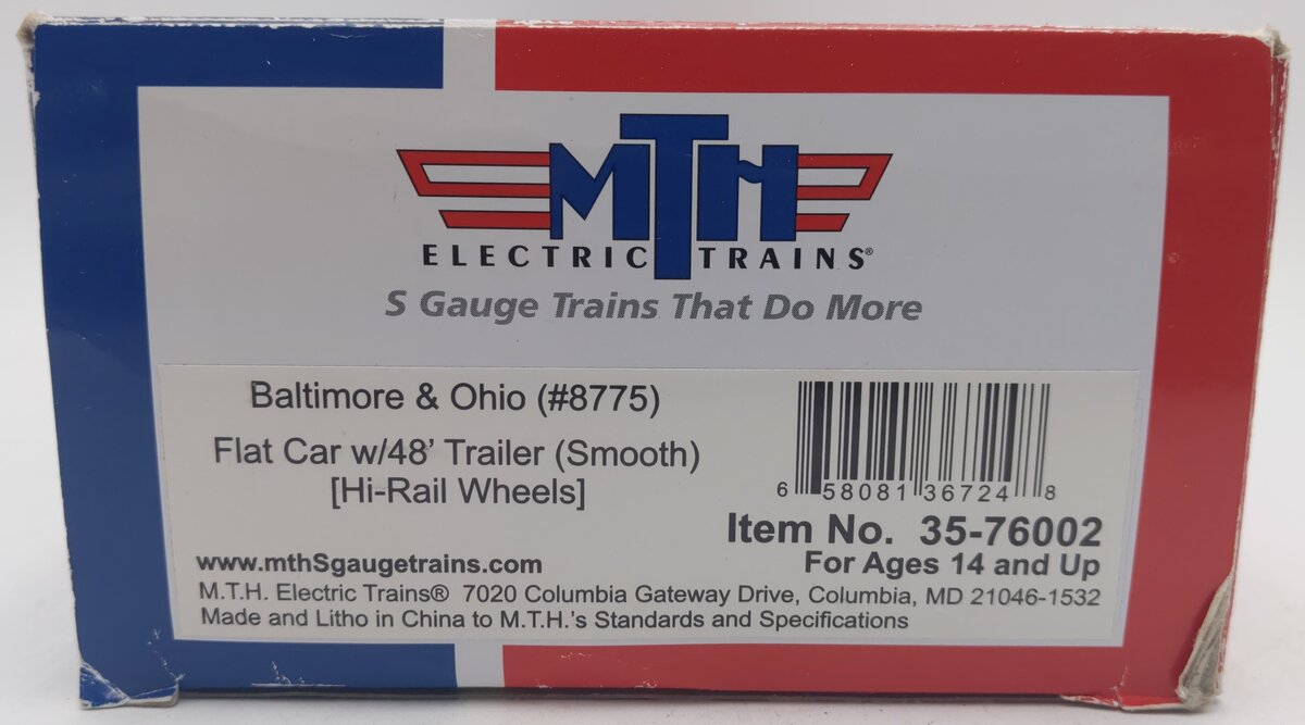 MTH 35-76002 S Baltimore & Ohio Flatcar with 48' Trailer (Smooth) #8775