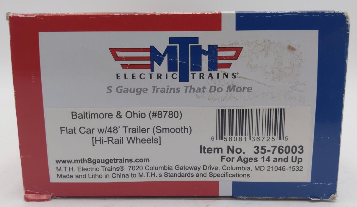 MTH 35-76003 S Baltimore & Ohio Flatcar with 48' Trailer (Smooth) #8780 LN/Box