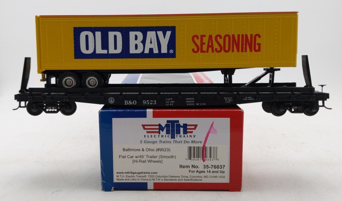 MTH 35-76037 S Baltimore & Ohio Flat Car w/ 45' Trailer [Hi-Rail Wheels] #9523 LN/Box
