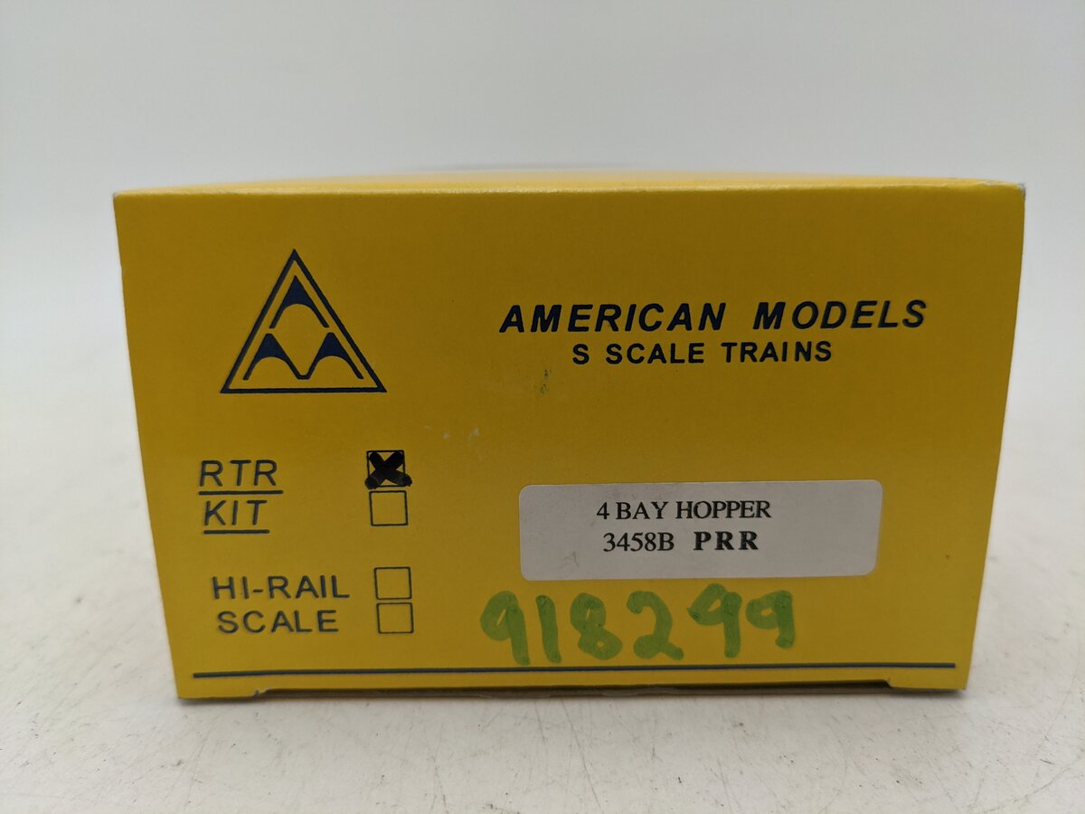 American Models 3458B S Scale PRR 4-Bay Hopper Scale- Wheels & Couplers EX/Box