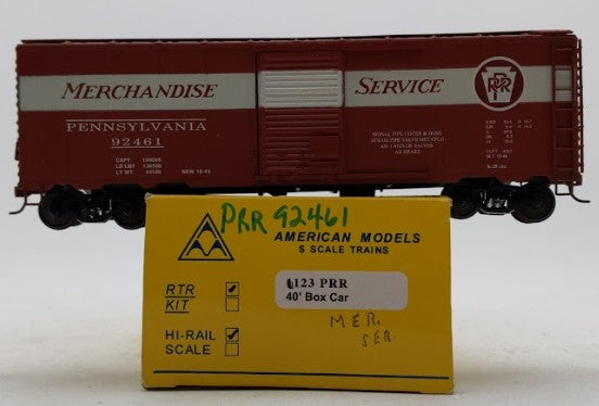 American Models 1123 S Scale Pennsylvania Railroad Box Car w/Scale Wheels #92461 LN/Box